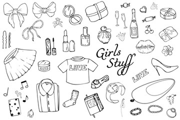 Set of Hand drawn Templates Fashion illustration with Girls Stuff. Set of women's clothing, jewelry, cosmetics, gifts and romance. Actual vector drawing of lovely things. Interests of a young  girl.