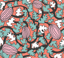 Simple outline watermelon seamless pattern in coral and green. Messy watermelon plant with leaves and stems for backgrounds, fashion, textile, wrapping paper and wallpaper