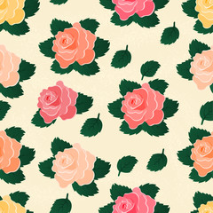 Seamless vector pattern with roses on a light background.