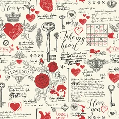 Schilderijen op glas Vector seamless pattern on the theme of Declaration of love and Valentine day in retro style. Abstract background with red hearts, roses, keys, keyholes, cupids and handwritten inscriptions © paseven