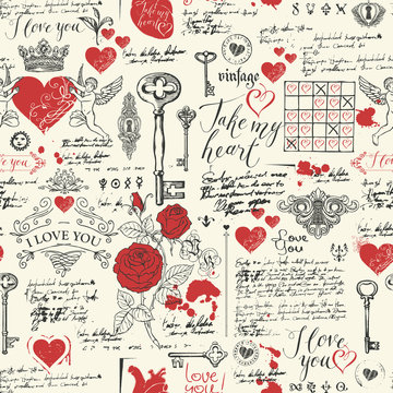 Fototapeta Vector seamless pattern on the theme of Declaration of love and Valentine day in retro style. Abstract background with red hearts, roses, keys, keyholes, cupids and handwritten inscriptions