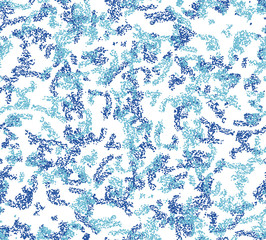 Scattered and spaced packed mini placements in flowing movement in blue and white. Packed allovers in micro detail for backgrounds, fashion, textile, wrapping paper and wallpaper