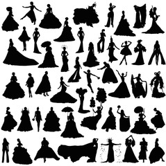 Fototapeta na wymiar Brides in different dresses and poses. Set of silhouettes on a white background.