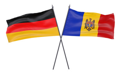 Germany and Moldova, two crossed flags isolated on white background. 3d image