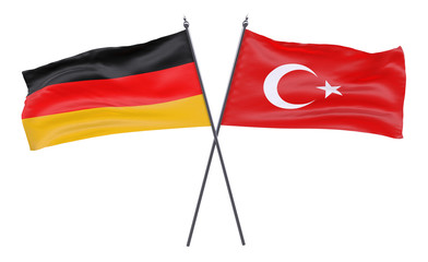 Germany and Turkey, two crossed flags isolated on white background. 3d image
