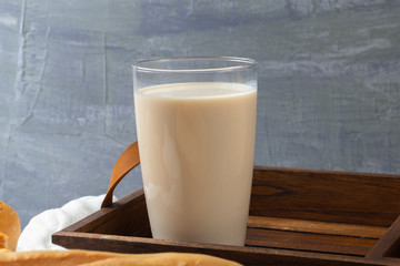 close up of glass of milk bread