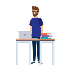 young teacher in desk with laptop and books