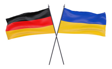 Germany and Ukraine, two crossed flags isolated on white background. 3d image