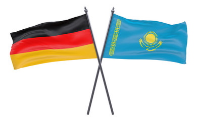 Germany and Kazakhstan, two crossed flags isolated on white background. 3d image