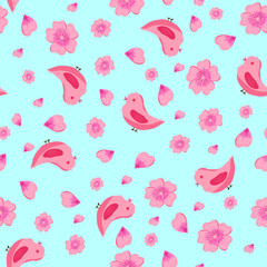 Cartoon pattern of pink birds and pink flowers with petals on a blue background