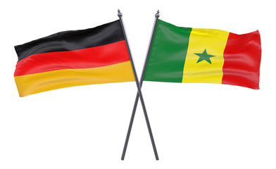 Germany and Senegal, two crossed flags isolated on white background. 3d image