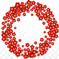 Vector Realistic Red Flowers Falling on Transparent Background.  Spring Romantic Flowers Illustration. Flying Asian Rose Spa Design. Blossom Confetti. Design Elements for Wedding Decoration.