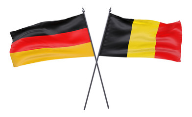 Germany and Belgium, two crossed flags isolated on white background. 3d image