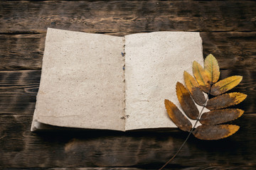 Open book with blank pages and a dried fallen leaves of rowan tree on a brown wooden table background. Vintage photo album.