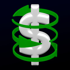Arrows around dollar sign. 3D rendering.