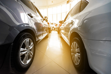 Fototapeta premium New cars at sunlit dealer showroom close view