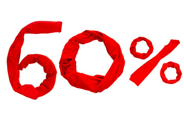 Sixty percent mark (60%) made from red clothes on a white background. Isolated