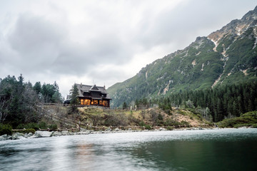 Warm wooden shelter by Morskie Oko Lake in Tatra Mountains, Poland