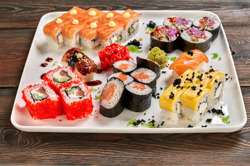 Set of delicious japanese sushi rolls.