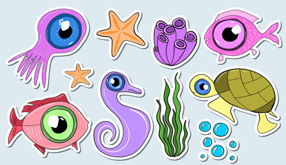 stickers with the image of sea animals. Cartoon illustration of the underwater world