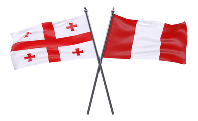 Georgia and Peru, two crossed flags isolated on white background. 3d image