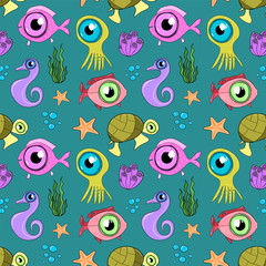 Drawn pattern with underwater inhabitants of the ocean. Art cartoon illustration