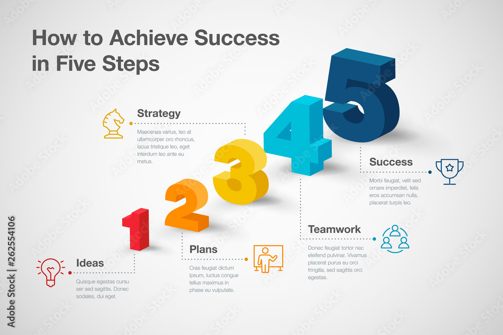 Poster simple vector infographic for how to achieve success in five steps with colorful 3d numbers and icon