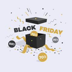 Special offer black friday discount symbol with open gift, discount labels and confetti. Easy to use for your design with transparent shadows.
