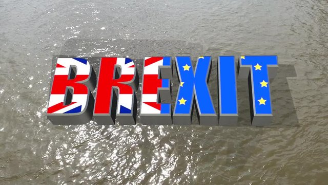 Union jack and European flag with the word 'Brexit' floating on the river thames, London, England.