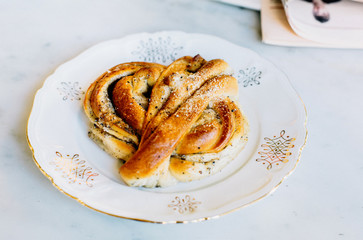 Delicious traditional Swedish pastry, Kanelbulle at a cafe in Stockholm, Sweden