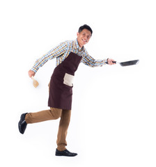 asian cook man with kitchen accessories isolate white background