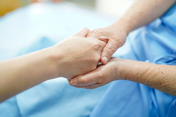 Fototapeta na wymiar Holding Touching hands Asian senior or elderly old lady woman patient with love, care, helping, encourage and empathy at nursing hospital ward : healthy strong medical concept 