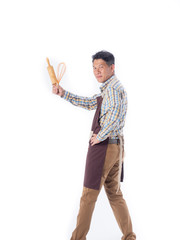 asian cook man with kitchen accessories isolate white background