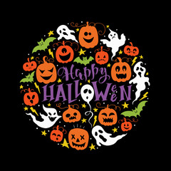 Vector Happy Halloween poster with lettering and pumpkins