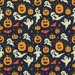 Vector Halloween seamless pattern with ghost and pumpkin