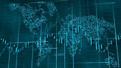 Cold blue hi-tech background - stock diagrams, graphs and tables. World map behind digits and lines. 3D rendering.