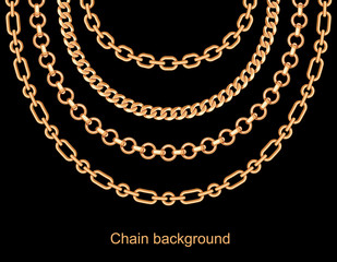Background with chains golden metallic necklace. On black