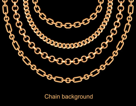 Background with chains golden metallic necklace. On black