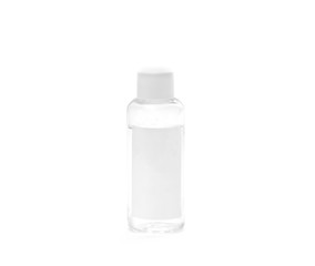 Small transparent plastic bottle with white cap and white blank label isolated on white background....