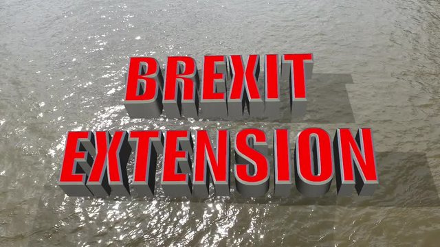 The word 'Brexit Extension' in 3D floating on the river thames, London, England. Brexit crisis concept