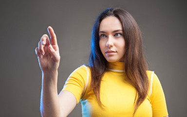 Woman touching empty copy space