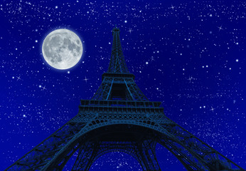 spooky full moon shining with dark Tour Eiffel at night with stars. Paris in France.
