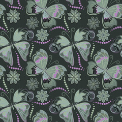 Seamless  pattern with flowers and butterflies out of small dots. Grey  ornament -  classic print for design. Vector background.