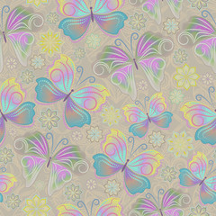 Seamless  pattern with flowers and butterflies out of small dots.  Classic print for design. Vector background.