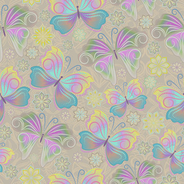 Seamless  pattern with flowers and butterflies out of small dots.  Classic print for design. Vector background.