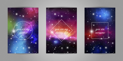 Set of romantic postcards for beloved with space and stars background and love quotes