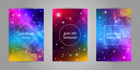 Fototapeta na wymiar Set of romantic postcards for beloved with space and stars background and love quotes