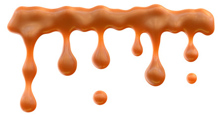 Dripping sweet melted caramel sauce or syrup drips isolated on white background. 3D illustration