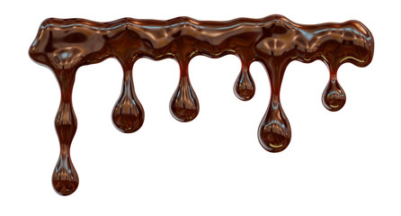 Dripping melted dark chocolate or chocolate syrup, isolated on white. Pouring hot chocolate. Chocolate drops liquid design element. 3D illustration