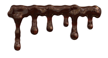 Dripping melted dark chocolate or chocolate syrup, isolated on white. Pouring hot chocolate. Chocolate drops liquid design element. 3D illustration